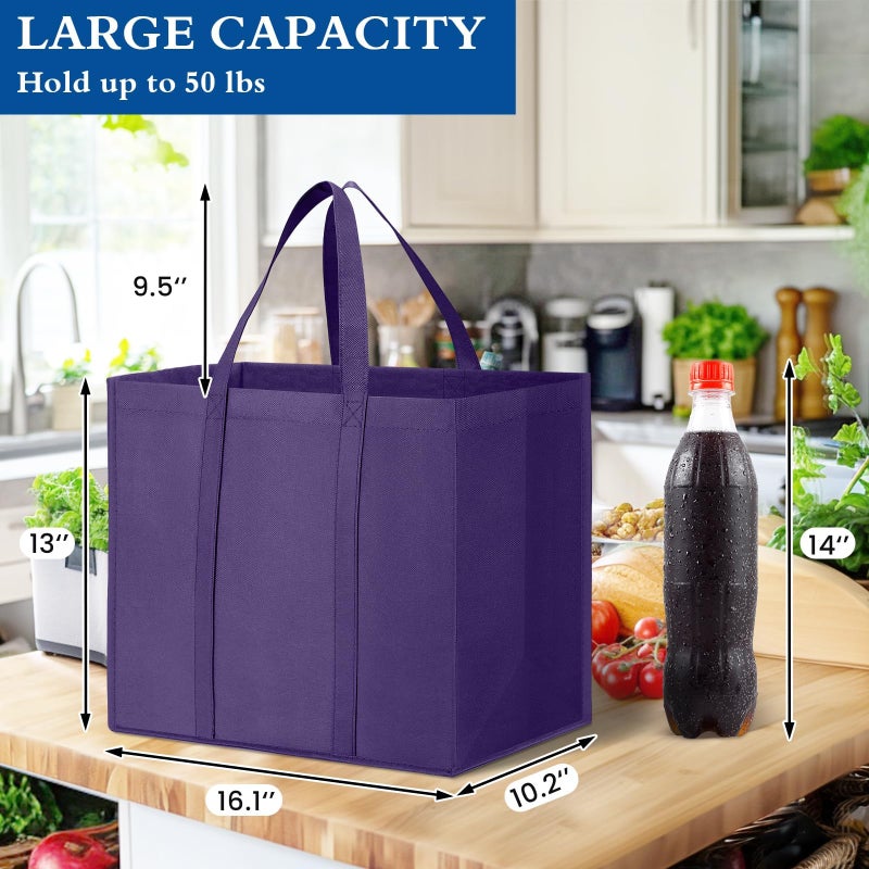 WISELIFE Reusable Grocery Shopping Bags 10 Pack Large Foldable Tote Bags Bulk  Eco Produce Bags with Long Handle for Shopping Groceries Clothes (Purple) - Image 2