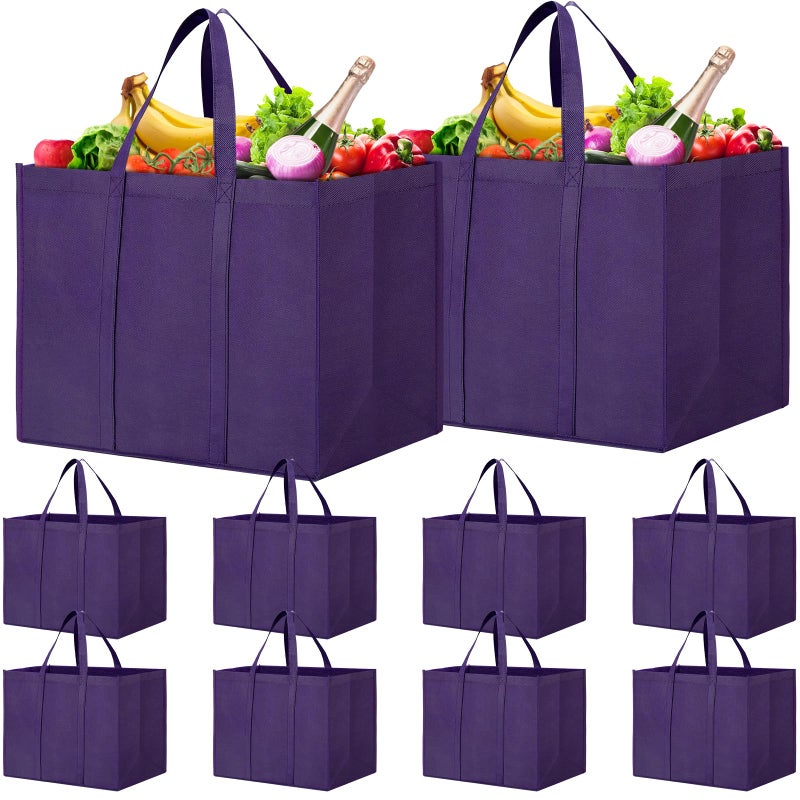 WISELIFE Reusable Grocery Shopping Bags 10 Pack Large Foldable Tote Bags Bulk  Eco Produce Bags with Long Handle for Shopping Groceries Clothes (Purple) - Image 1