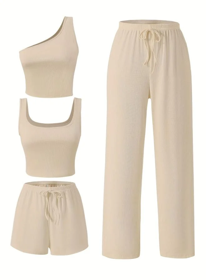 تايك تو طقم بلوزة بكتف واحد مع كامي وشورت وبنطال بيج