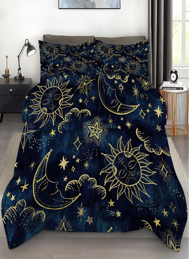 FUYEUN Celestial Comforter Set Queen Size Blue Gold Sun and Moon Boho Bedding for Kids Adult Women Teens Universe Galaxy Bohemian Exotic Gothic Quilt 1 Comforter + 2 Pillow Cases - Image 3