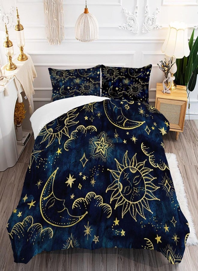FUYEUN Celestial Comforter Set Queen Size Blue Gold Sun and Moon Boho Bedding for Kids Adult Women Teens Universe Galaxy Bohemian Exotic Gothic Quilt 1 Comforter + 2 Pillow Cases - Image 1