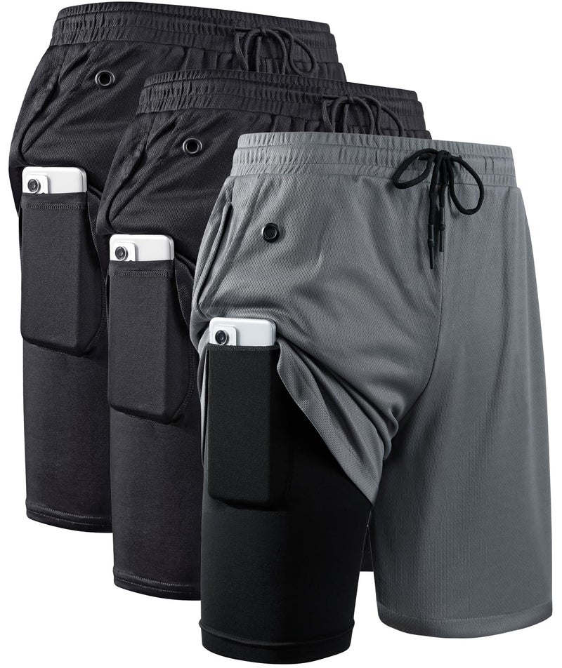 JWJ 3 Pack Men's 2 in 1 Workout Running Shorts 7 Inch Lightweight Athletic Gym Shorts with Compression Liner Black Black Dark Grey XXL - Image 1