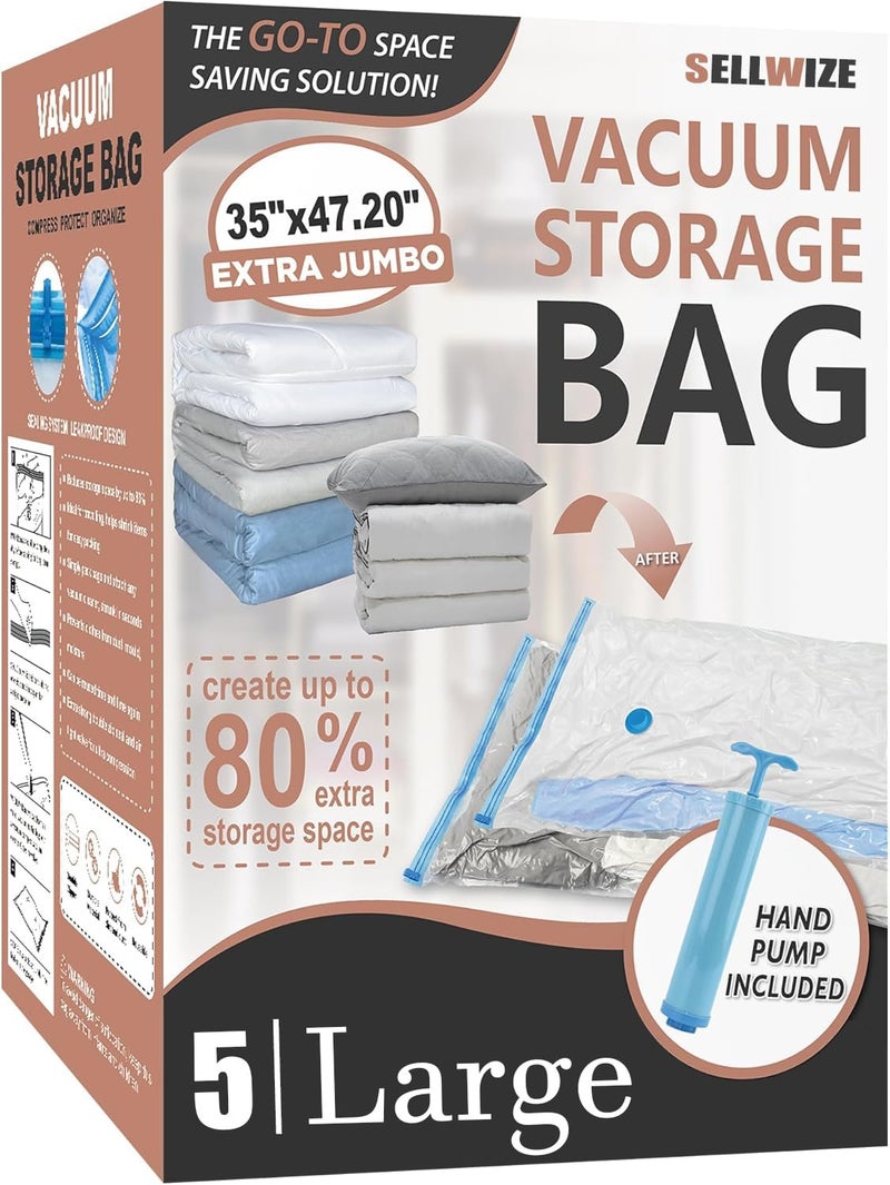SELLWIZE Vacuum bags for clothes with pump for Clothes, Packing, Blankets, Space Saver Vaccum Compression Zipper Storage Bags With Hand Pump, 5 Large Airtight Reusable Packing Bags for travel - Image 1