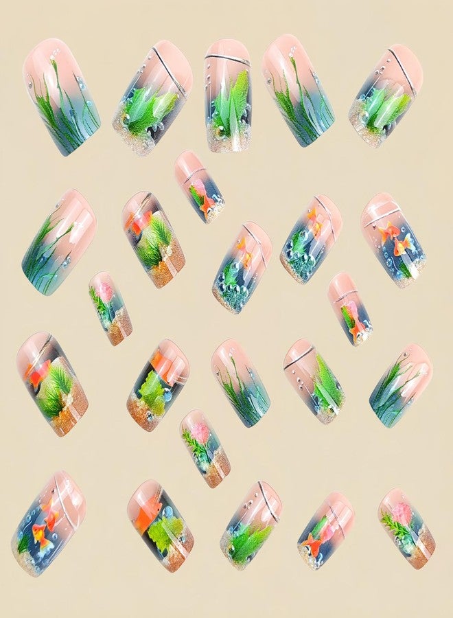 ASABITE 24Pcs Summer Beach Press on Nails Medium Square Fake Nails with Goldfish Aquatic Plants Pattern Designs Summer Ocean Style False Nails Press ons Glossy Artificial Stick on Nails Women DIY Manicure - Image 2