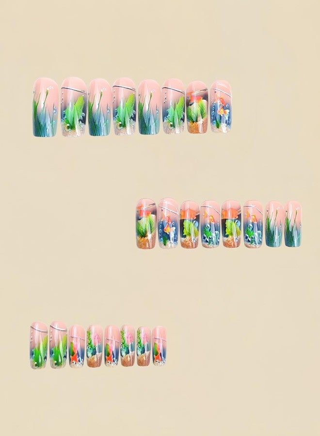 ASABITE 24Pcs Summer Beach Press on Nails Medium Square Fake Nails with Goldfish Aquatic Plants Pattern Designs Summer Ocean Style False Nails Press ons Glossy Artificial Stick on Nails Women DIY Manicure - Image 4