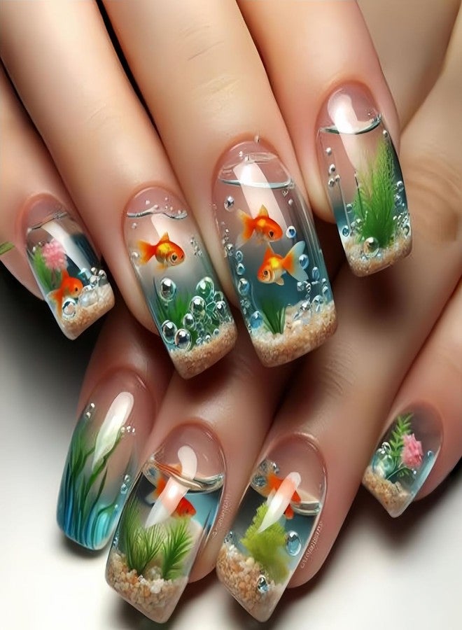 ASABITE 24Pcs Summer Beach Press on Nails Medium Square Fake Nails with Goldfish Aquatic Plants Pattern Designs Summer Ocean Style False Nails Press ons Glossy Artificial Stick on Nails Women DIY Manicure - Image 1