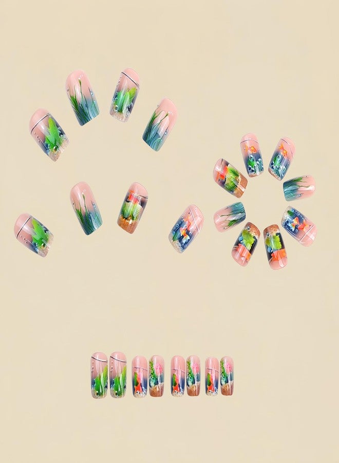 ASABITE 24Pcs Summer Beach Press on Nails Medium Square Fake Nails with Goldfish Aquatic Plants Pattern Designs Summer Ocean Style False Nails Press ons Glossy Artificial Stick on Nails Women DIY Manicure - Image 3