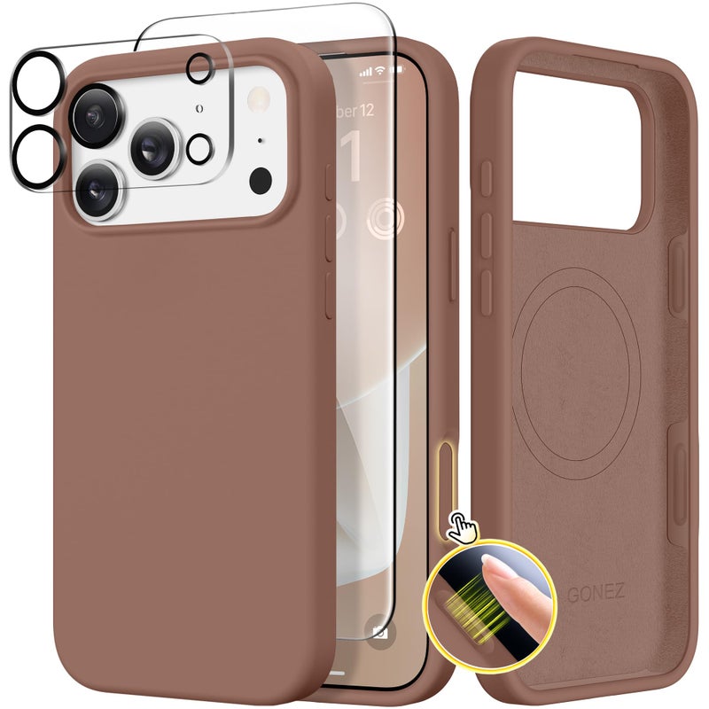 GONEZ Magnetic for iPhone 17 Pro Max Case, Compatible with MagSafe, [Screen Protector + Camera Lens Protector], Liquid Silicone Anti-Scratch Shockproof Protective Phone Case 6.9 inch, Brown - Image 1