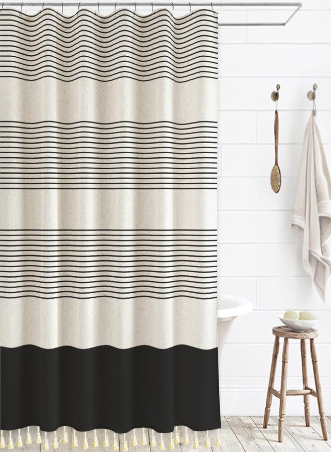 WOUVMA Boho Shower Curtains for Bathroom with Tassels Black Farmhouse Striped Shower Curtain Beige Rustic Linen 72x72 Inches - Image 1