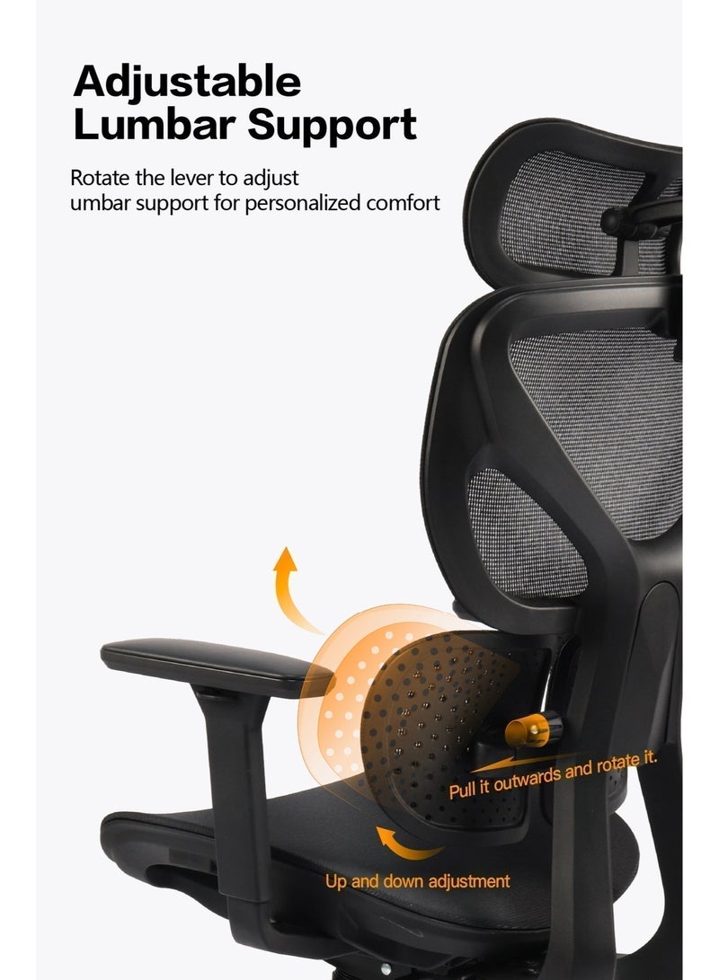 DAMONS Ergonomic Office Chair with 3D Armrests and Headrest, Computer Desk Chair with Adjustable Lumbar Support for Home Office, Swivel Big and Tall Mesh Chair(Black) - Image 3