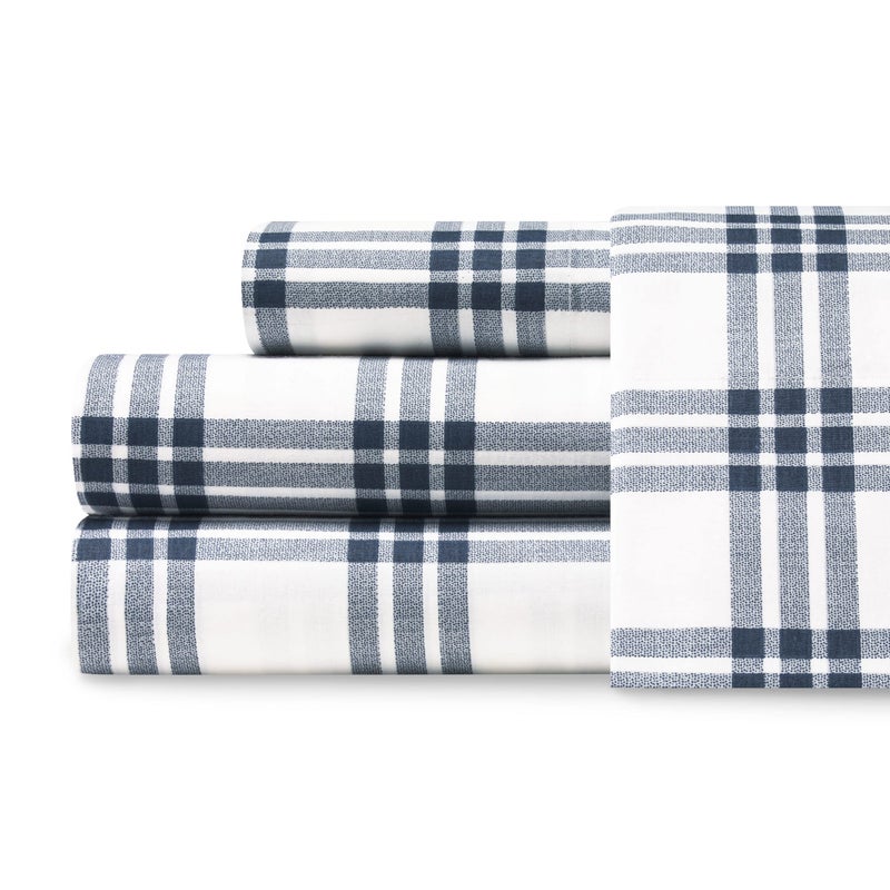 Eddie Bauer Eddie Bauer  Full Sheets Cotton Percale Bedding Set Crisp  Cool Home Decor Dorm Room Essentials Navy Plaid Full 