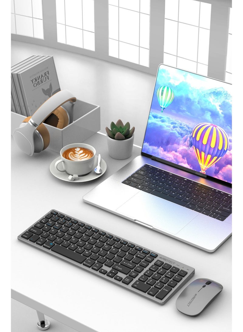 بروتيكت مجموعة لوحة مفاتيح وفأرة لاسلكية قابلة للشحن بتقنية بلوتوث | تصميم نحيف وصامت بالحجم الكامل | اتصال متعدد الأجهزة متوافق مع كمبيوتر، لابتوب، ماك بوك، آيباد، آيفون وأندرويد - Image 2