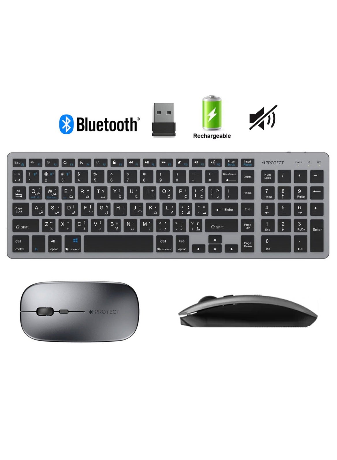 Protect Silent Rechargeable Wireless Bluetooth Keyboard and Mouse Combo | Slim Silent Full Size | Multi-Device for PC Laptop Desktop MacBook iPad iPhone Android