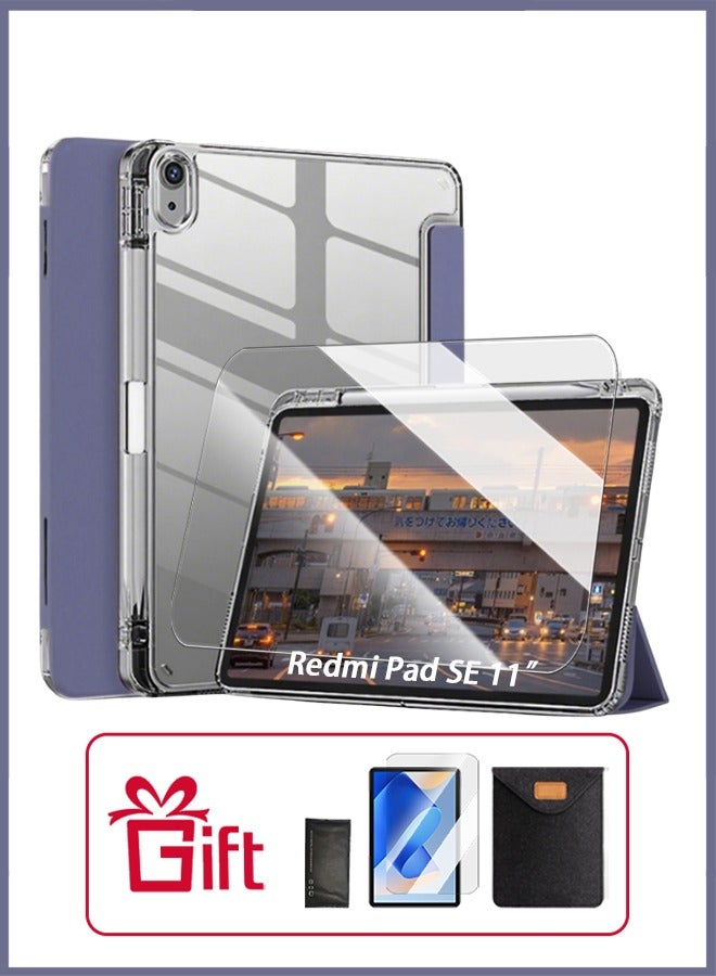 غطاء Redmi Pad SE مقاس 11 بوصة، غطاء Redmi SE مع فتحة للقلم، جراب شفاف من مادة TPU مع حامل ثلاثي الطي، خاصية الاستيقاظ الذكي/ مجموعة هدايا بقيمة 23 درهمًا إماراتيًا، غشاء واقٍ مضاد للتوهج - أرجواني - Image 1