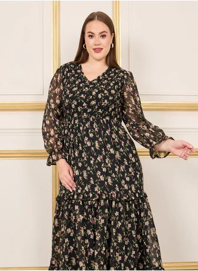 Styli Floral Print Smocked Ruffle Detail A-Line Maxi Dress