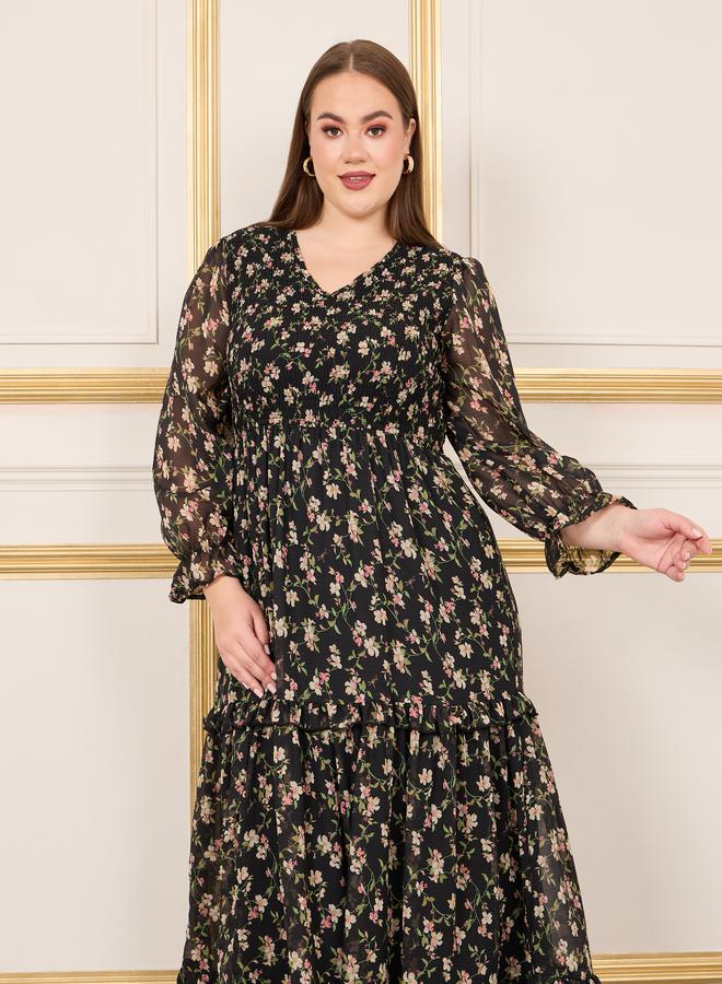 Styli Floral Print Smocked Ruffle Detail A-Line Maxi Dress - Image 2