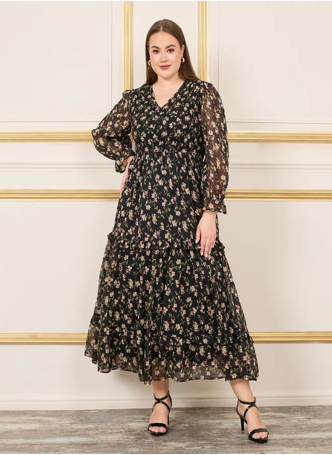 Styli Floral Print Smocked Ruffle Detail A-Line Maxi Dress