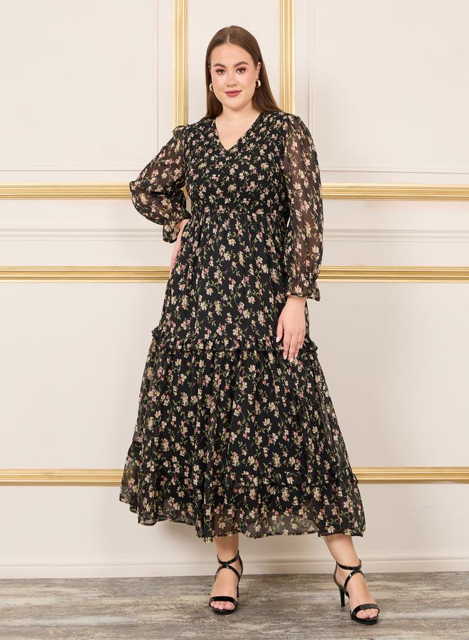Styli Floral Print Smocked Ruffle Detail A-Line Maxi Dress - Image 1