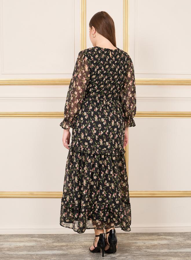 Styli Floral Print Smocked Ruffle Detail A-Line Maxi Dress - Image 4