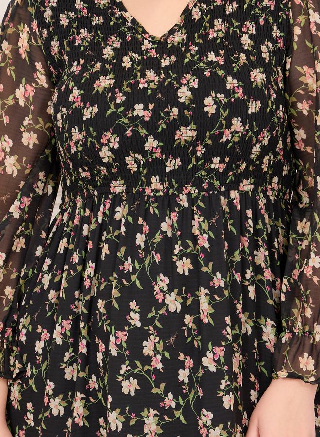 Styli Floral Print Smocked Ruffle Detail A-Line Maxi Dress - Image 3