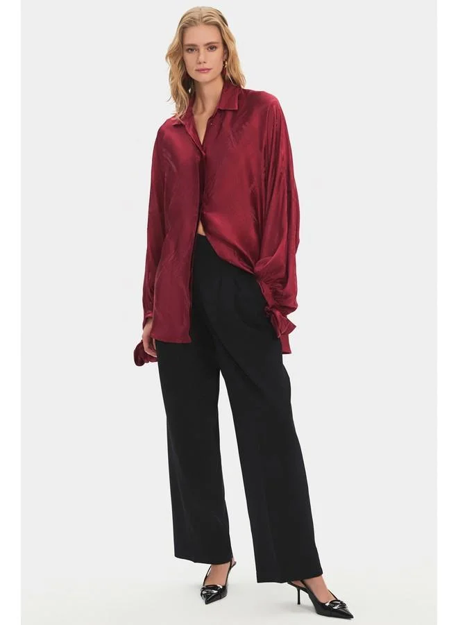 JUNE June Women Oversize/Loose Fit Viscose Blend Sleeves Tie Detail Self-Fited Shirt Burgundy