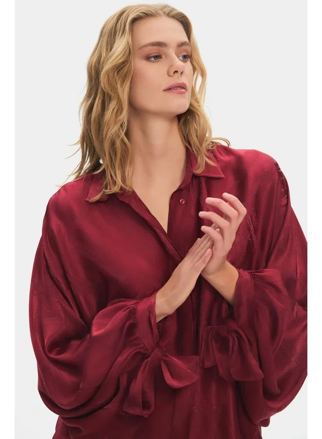 JUNE June Women Oversize/Loose Fit Viscose Blend Sleeves Tie Detail Self-Fited Shirt Burgundy