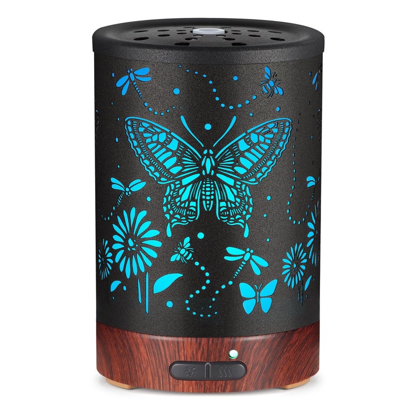 Metal Essential Oils Diffuser 150ML Aromatherapy Diffuser Cool Mist Humidifier with 7 Colors Lights Waterless Auto Off Air Diffusers as Gifts for MomButterfly