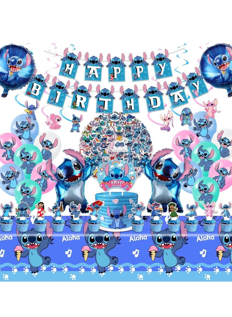 xppier 103 Pcs Stitch And Lilo Cartoon Party Favor For Kids, Lilo And Stitch Birthday And Party Decoration Set, Included 50pcs Stitch Stickers, Banners, Cake Decoration, Balloons - Image 1