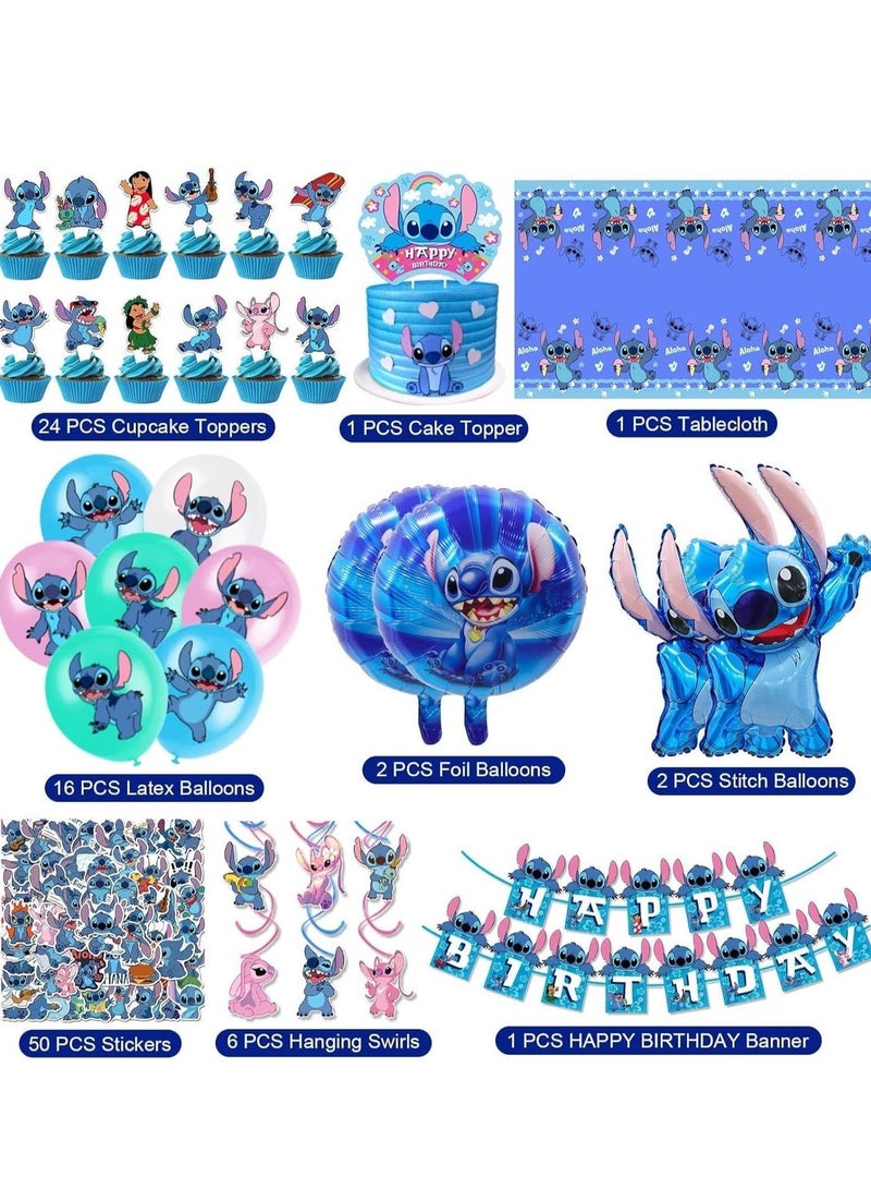 xppier 103 Pcs Stitch And Lilo Cartoon Party Favor For Kids, Lilo And Stitch Birthday And Party Decoration Set, Included 50pcs Stitch Stickers, Banners, Cake Decoration, Balloons - Image 2