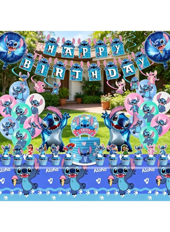 xppier 103 Pcs Stitch And Lilo Cartoon Party Favor For Kids, Lilo And Stitch Birthday And Party Decoration Set, Included 50pcs Stitch Stickers, Banners, Cake Decoration, Balloons - Image 5