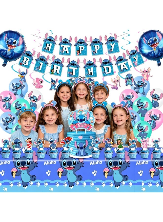 xppier 103 Pcs Stitch And Lilo Cartoon Party Favor For Kids, Lilo And Stitch Birthday And Party Decoration Set, Included 50pcs Stitch Stickers, Banners, Cake Decoration, Balloons - Image 4