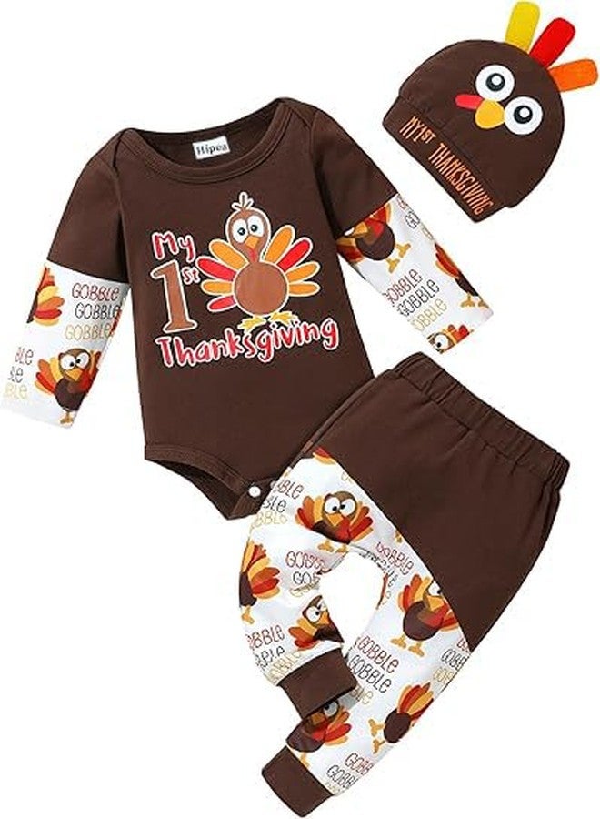 Hipea My First Thanksgiving Outfit Boy My First Thanksgiving Alphabet and Turkey Print Tops+Pant+Hat 3Pcs Baby Boy Clothes 9-12 Months - Image 1