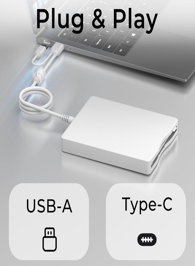 MthsTec USB Floppy Drive, 3.5" External USB & Type-C Floppy Disc Reader, External Floppy Disk Drive Portable 1.44 MB Plug and Play FDD for PC Windows XP 7 8 10 11(White) - Image 3