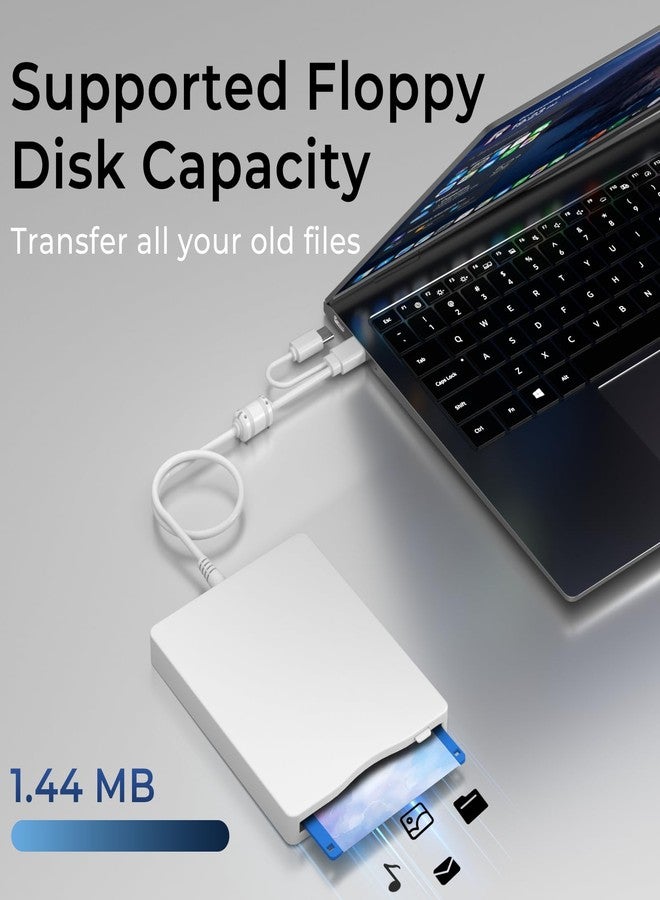 MthsTec USB Floppy Drive, 3.5" External USB & Type-C Floppy Disc Reader, External Floppy Disk Drive Portable 1.44 MB Plug and Play FDD for PC Windows XP 7 8 10 11(White) - Image 2