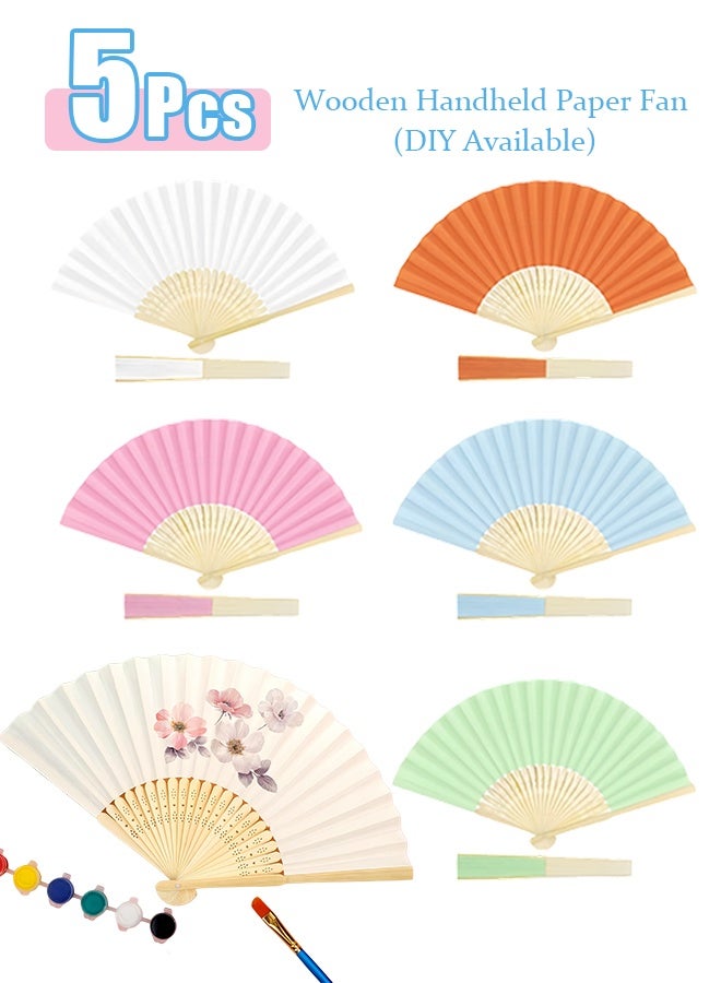 5 pcs Wooden handheld paper fan, bamboo folding fan, suitable for wedding gifts, parties, home decor, DIY (paints and brushes included) - Image 1