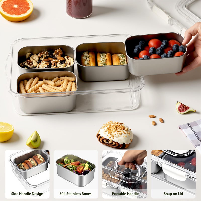 Freshmage Snackle Box Container, Stainless Steel Divided Serving Snack Tray with Lid and Handle, 4 Compartment Portable Snack Platters for Road Trip, Beach, Picnic, Ball Games, Pool and Parties - Image 4