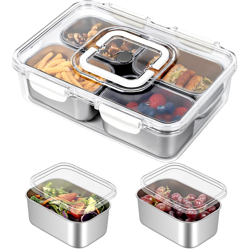 Freshmage Snackle Box Container, Stainless Steel Divided Serving Snack Tray with Lid and Handle, 4 Compartment Portable Snack Platters for Road Trip, Beach, Picnic, Ball Games, Pool and Parties - Image 1