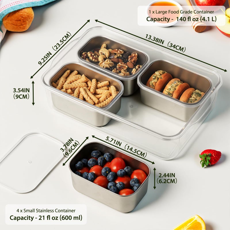 Freshmage Snackle Box Container, Stainless Steel Divided Serving Snack Tray with Lid and Handle, 4 Compartment Portable Snack Platters for Road Trip, Beach, Picnic, Ball Games, Pool and Parties - Image 2