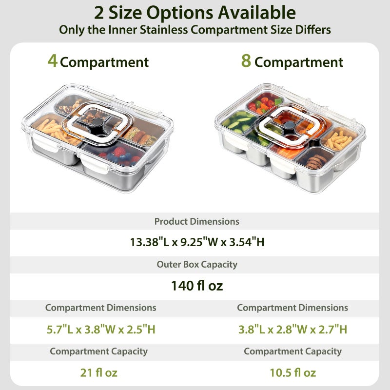 Freshmage Snackle Box Container, Stainless Steel Divided Serving Snack Tray with Lid and Handle, 4 Compartment Portable Snack Platters for Road Trip, Beach, Picnic, Ball Games, Pool and Parties - Image 3