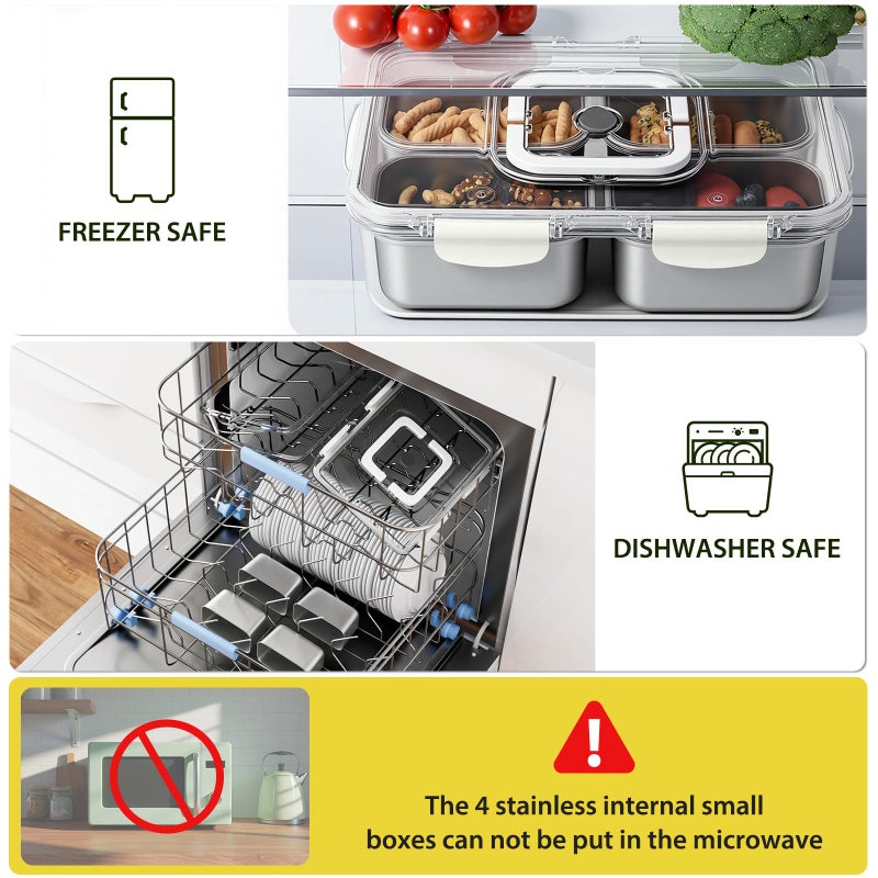 Freshmage Snackle Box Container, Stainless Steel Divided Serving Snack Tray with Lid and Handle, 4 Compartment Portable Snack Platters for Road Trip, Beach, Picnic, Ball Games, Pool and Parties - Image 5