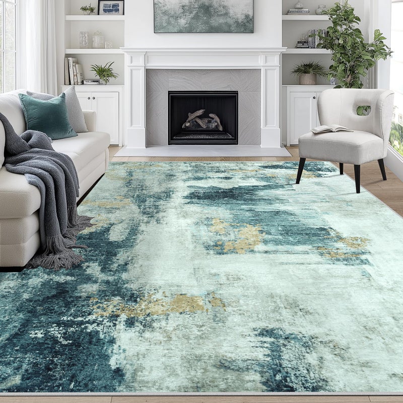 Aelenmu 9x12 Area Rugs for Living Room Rug Washable: Abstract Large Rug for Dining Room Bedroom Carpet Non Slip 9 by 12 Indoor Modern Nursery Home Office Teal Grey Gold - Image 1