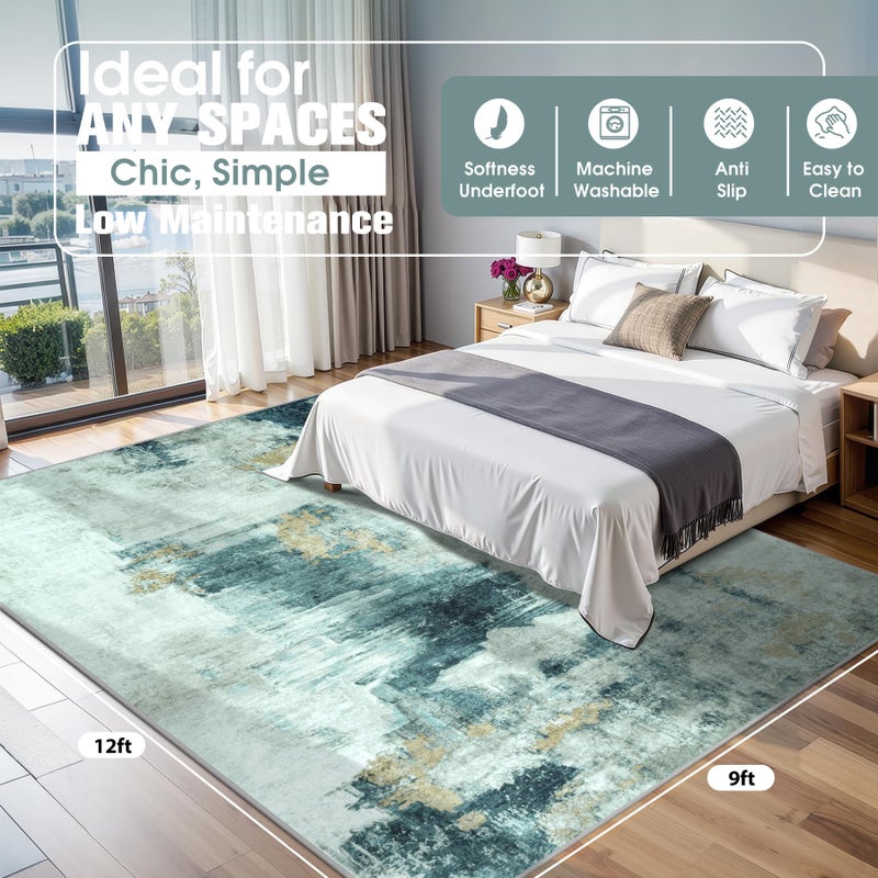 Aelenmu 9x12 Area Rugs for Living Room Rug Washable: Abstract Large Rug for Dining Room Bedroom Carpet Non Slip 9 by 12 Indoor Modern Nursery Home Office Teal Grey Gold - Image 2