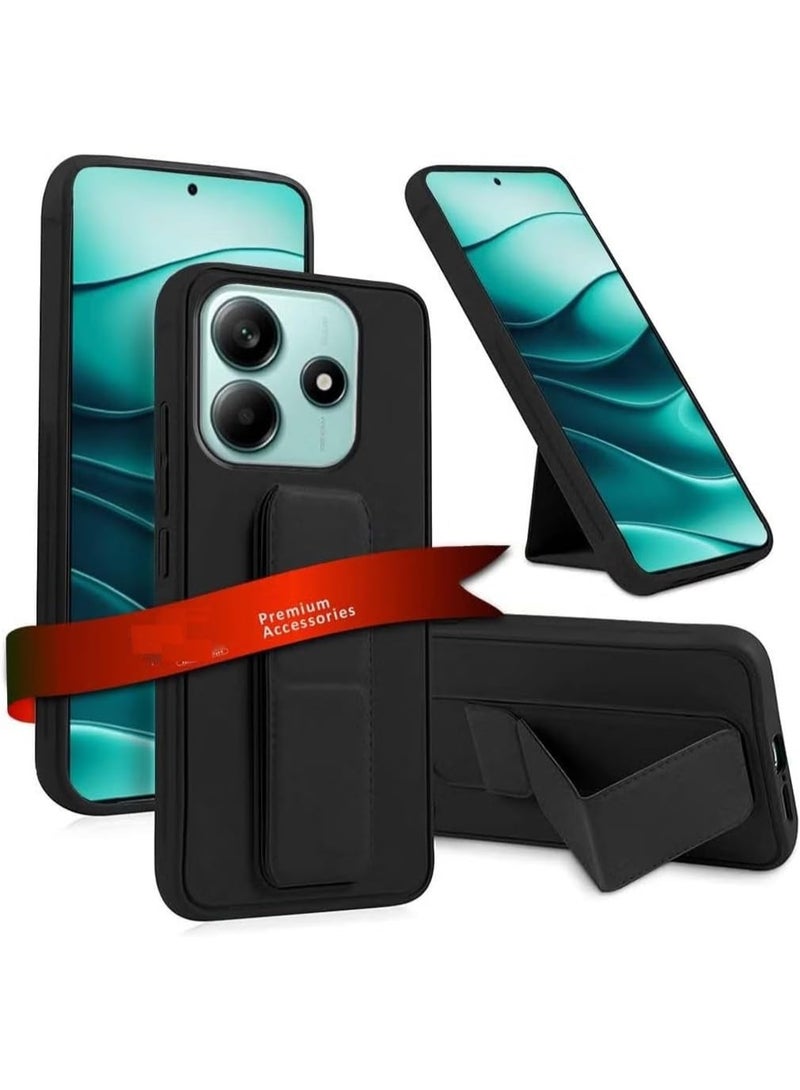 Muzz Xiaomi Redmi Note 14 4G Back Stand Case Magnetic Car Holder Soft Silicone Horizontal & Vertical Kickstand Cover Wrist Strap Full protection Anti Fingerprint Case Redmi Note 14 (Black) - Image 1