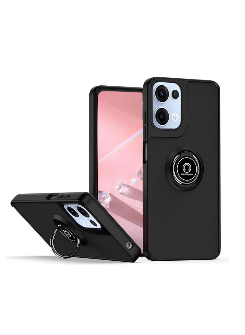 Case for Oppo Reno13 Case Cover Metal Ring Holder Grip Kickstand Car Magnetic Mount Shockproof Matte Hard Back Bumper Case for Reno 13 5G Black