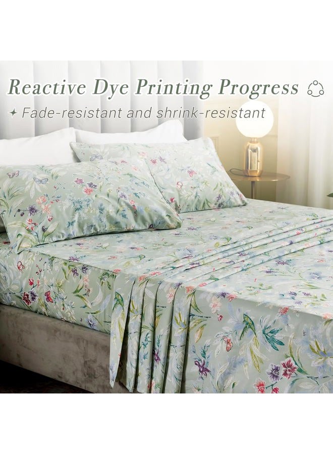 Lady Ann Green Sheets Birds Butterfly Floral Printed Bed Sheets King Set 100% Cotton Sheets King Size Deep Pocket 17'' - Image 5