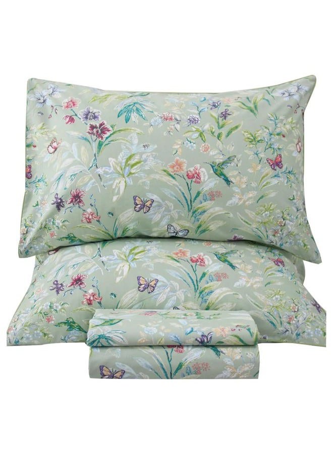 Lady Ann Green Sheets Birds Butterfly Floral Printed Bed Sheets King Set 100% Cotton Sheets King Size Deep Pocket 17'' - Image 1