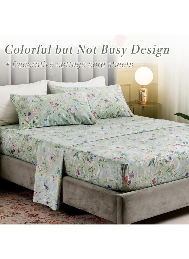 Lady Ann Green Sheets Birds Butterfly Floral Printed Bed Sheets King Set 100% Cotton Sheets King Size Deep Pocket 17'' - Image 4