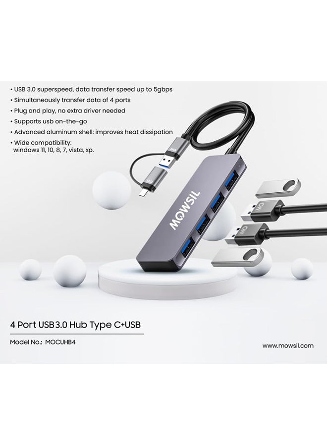 MOWSIL Mowsil Type C + USB (2 In 1) 4 Port USB 3.0 HUB USB 3.0 SuperSpeed with Data Transfer speed up to 5Gbps, Compatible with MacBook iMac PC Switch Surface Pro Windows Mac OS/IOS, Laptops, Desktop, - Image 2