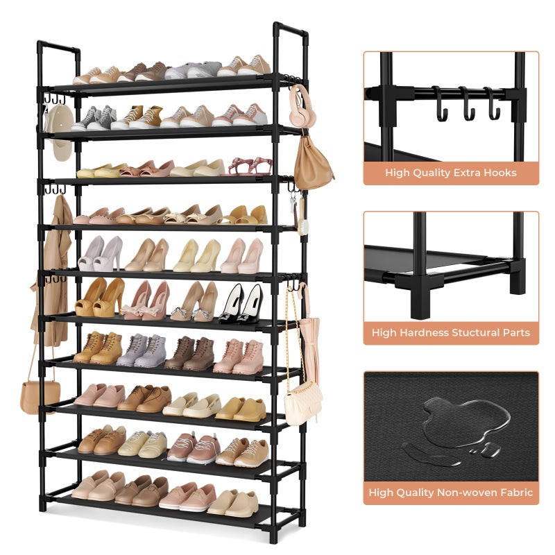 LANTEFUL Tall Shoe Rack 10 Tier Shoe Organizer Large Shoe Shelf with 18 Hooks Storage for 50 Pair, Stackable Vertical Shoe Rack Organizer for Closet, Entryway, Bedroom - Image 4