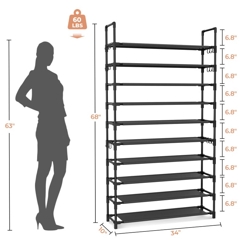 LANTEFUL Tall Shoe Rack 10 Tier Shoe Organizer Large Shoe Shelf with 18 Hooks Storage for 50 Pair, Stackable Vertical Shoe Rack Organizer for Closet, Entryway, Bedroom - Image 3